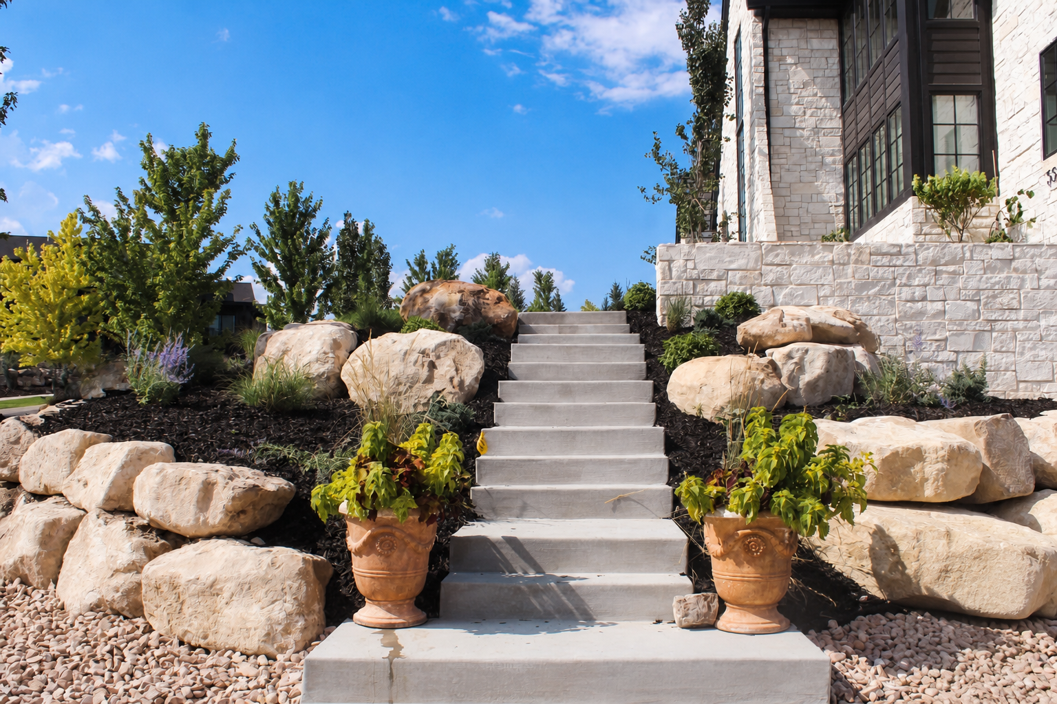 Finished Pine Canyon landscape with central concrete stairs, large boulders and planting beside a mountain home