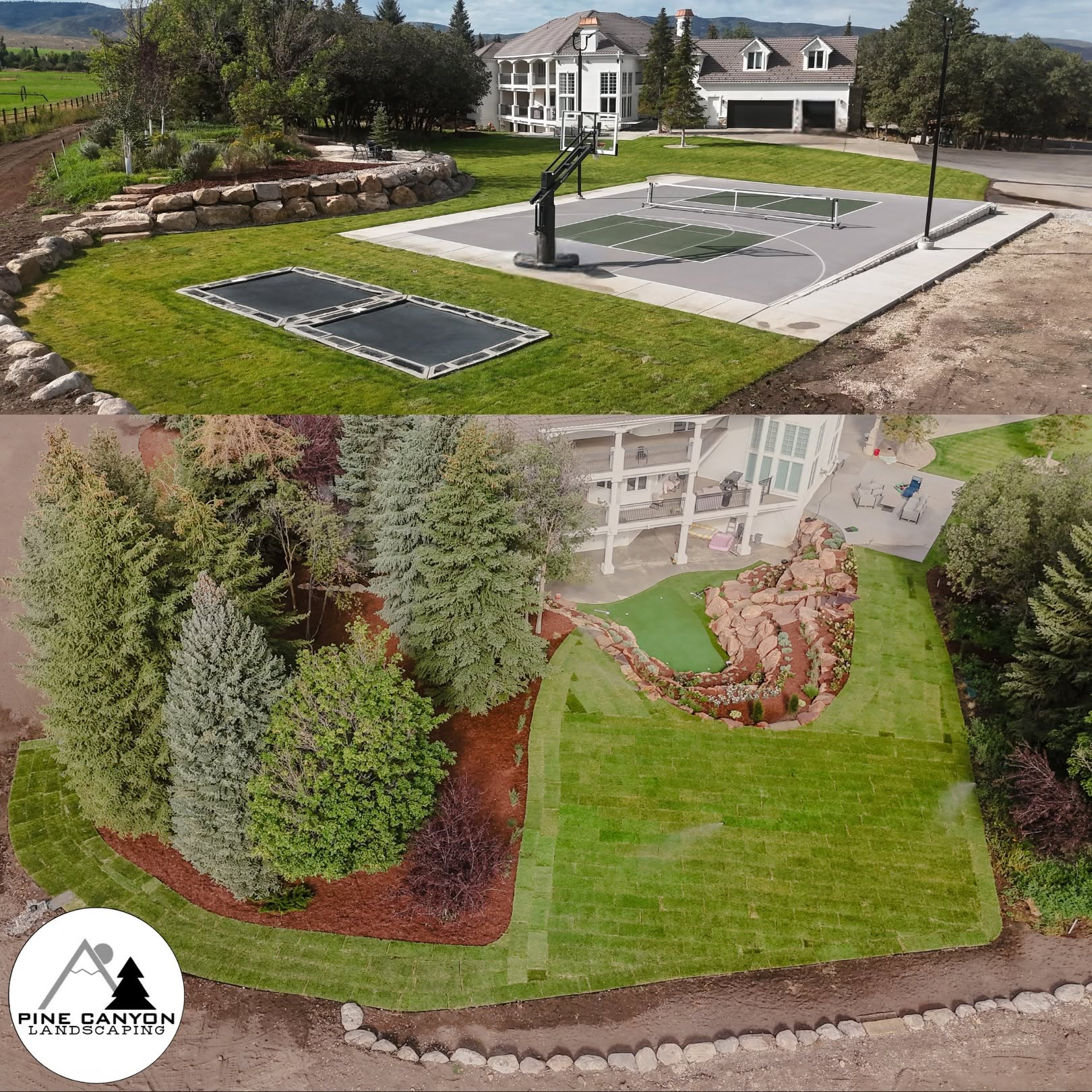 Complete Pine Canyon landscape with large lawn and outdoor sport court